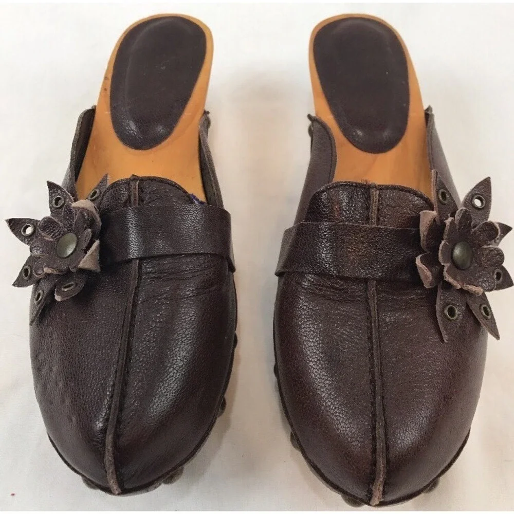 Zara Wood Sole Slide Mules 5.5-6 36 Sandals Brown Leather Shoes Flower Toe Spain - Picture 3 of 11